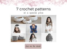 a collage of crochet patterns for hats, scarves and mittens