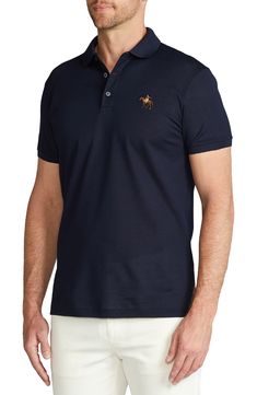 Rider embroidery subtly brands a short-sleeve polo cut from soft, breathable cotton piqué for all-day comfort in classic style. 28" length ( size Medium) Button half-placket Spread collar Short sleeves 100% cotton Machine wash, dry flat Made in Italy Designer Clothing Navy Polo Shirt With Embroidered Logo, Casual Navy Polo Shirt With Embroidered Logo, Collared Polo Shirt With Embroidered Logo For Work, Casual Polo Shirt With Embroidered Logo For Work, Collared Polo Shirt With Embroidered Logo, Casual Workwear Polo Shirt With Embroidered Logo, Luxury Short Sleeve Polo Shirt For Work, Classic Polo Shirt With Embroidered Logo For Work, Fitted Polo Shirt With Embroidered Logo