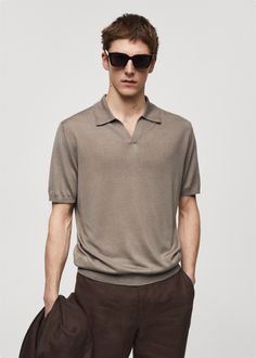 Short-sleeve knitted polo shirt - Man | MANGO USA Casual V-neck Polo Shirt With Ribbed Collar, Casual Knit Polo Shirt With Collared Neckline, Casual V-neck Polo Sweater For Summer, Casual Knit Polo Shirt With Johnny Collar, Classic V-neck Polo Shirt With Ribbed Collar, Classic V-neck Polo Sweater For Spring, Casual Knit Polo Sweater With Seamless Collar, Casual Short Sleeve Polo Sweater With Ribbed Neckline, Knit Polo Sweater With Ribbed Johnny Collar