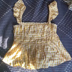 This Is Perfect For Summer! Pair With High Waisted Shorts, Jeans Or A Flowy Skirt! See Other Cjla Listings And Bundle To Save! Gingham Ruffle Tops For Vacation, Gingham Ruffled Tops For Vacation, Cute Yellow Top For Brunch, Cute Ruffled Tops For Picnic, Yellow Ruffled Top For Beach, Yellow Ruffled Top For Brunch, Summer Ruffles Top For Picnic, Yellow Ruffled Tops For Day Out, Carly Jean Los Angeles