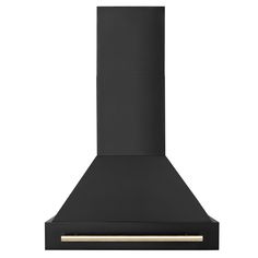 a black stove top with gold trimmings on the bottom and an oven hood