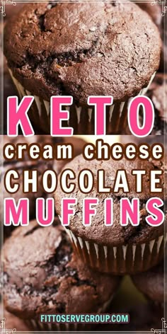 keto cream cheese chocolate muffins stacked on top of each other