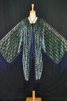 Classic Blue Green Burnout Velvet Eastern Fringe Hippie Kimono Jacket Duster Velvet Fringe, Wedding Coat, Burnout Velvet, Long Fringes, Kimono Jacket, Dress Picture, Classic Blue, Bell Sleeve Top, Blue Green