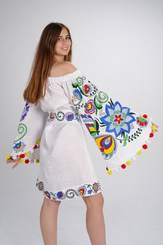 "\"Wings of Summer\" is the dress of Freedom and Love! This amazing wearable art features long butterfly sleeves embroidered floral patterns and signifying both femininity and independence. This timeless beauty is perfect for weddings, to festivals, textile collectors, musicians and artists, parties Satin stitch machine embroidery with acrylic thread. 100% linen. Size: XS, S, M, L, XL Any size by order Linen is a hygroscopic and temperature-controlled material, it conducts heat and absorbs moist Dresses For Big Bust, Bling Wedding Dress, Wedding Dresses Blush, Wedding Gowns With Sleeves, Wedding Dress With Pockets, Floral Wedding Dress, Country Wedding Dresses, Tea Length Wedding Dress, Fitted Wedding Dress