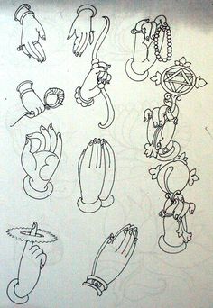 a drawing of many different types of hand and foot designs on paper with black ink