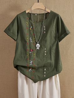 Green O-neck Floral Embroidery Boho Casual Short Sleeve T-shirt Stand Collar Blouse, Embroidery Boho, Kaftan Designs, Floral Print Pants, Half Sleeve Shirts, Blouse Sale, Casual Long Sleeve Shirts, Long Sleeve Tops Casual, Boho Casual