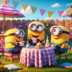 two minions sitting at a table with tea and cake in front of them on the grass