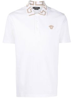 optical white/gold-tone cotton piqué weave ribbed trim metallic threading signature Greca-pattern print Medusa Head motif polo collar short front button fastening short sleeves straight hem Versace Polo, Versace Sweater, Versace T Shirt, Versace Brand, Medusa Head, Polo Shirt White, Cotton Polo Shirt, Gianni Versace, Versace Men