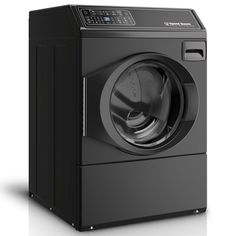 a black dryer sitting on top of a white floor