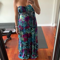 Multicolored Strapless Dress With Pretty Jewels Around The Bottom Of The Chest. Does Have A Tie At The Back. No Zipper. I Am 5’4 And It’s A Bit Long On Me. Could Always Find Someone To Hem It. Multicolor Strapless Maxi Dress For Evening, Multicolor Strapless Cocktail Maxi Dress, Strapless Multicolor Evening Maxi Dress, Multicolor Strapless Prom Dress, Strapless Stretch Multicolor Maxi Dress, Multicolor A-line Beach Maxi Dress, Multicolor Maxi Length Beach Cover-up Dress, Navy Blue Cocktail Dress, Strapless Dresses Short