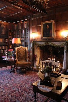 a living room filled with furniture and a fire place in front of a book shelf