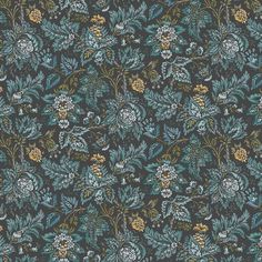 a blue and green floral wallpaper with lots of flowers on the top of it