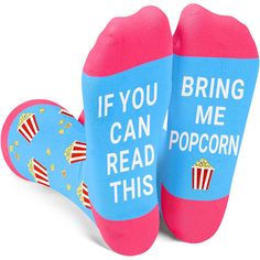 PRICES MAY VARY. POPCORN SOCKS: These socks feature a funny saying at the bottom "IF YOU CAN READ THIS, BRING ME POPCORN". MOVIE BUFF GIFTS: These food socks make the perfect gift for women who love popcorn. Whether it's for your grandma, mom, aunt, wife, girlfriend, daughter, or granddaughter, these socks are sure to be a hit. FLEXIBLE SIZING: Covers women's shoe sizes 6-12 and sock sizes 8-13. SUPREME SOFTNESS: Crafted from an ultra-soft cotton blend for a comfortably stretchy calf fit. MOVIE Pickle Ice Cream, Popcorn Gifts, Fun Popcorn, Popcorn Design, Hot Dog Pizza, Popcorn Movie, Movie Night Gift, Food Socks, Silly Socks