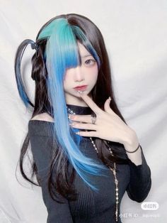 Black And Light Blue Hair, Hair Styles Japanese, Water Hair, Softball Hairstyles