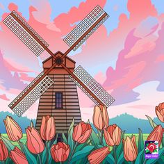 a drawing of a windmill with tulips in the foreground and clouds in the background