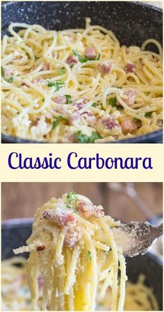 two pictures with different types of pasta in them and the words classic carbonara on top