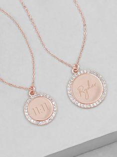 Rose Gold Round Name Necklace For Wedding, Customizable Round Rose Gold Name Necklace, Customizable Rose Gold Round Name Necklace, Customizable Rose Gold Name Necklace, Rose Gold Round Disc Charm Necklace For Anniversary, Rose Gold Medallion Necklace For Personalized Gift, Personalized Rose Gold Name Necklace With Round Pendant, Personalized Rose Gold Round Pendant Name Necklace, Personalized Rose Gold Round Pendant Necklace