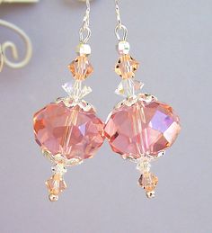 Peachy+pink+earrings+faceted+glass+and+crystal+by+Mindielee Wrap Armband, Light Rose, Crystal Light, Homemade Jewelry, Jewelry Making Ideas, Earring Ideas, Pink Earrings, Earrings Wedding, Peachy Pink