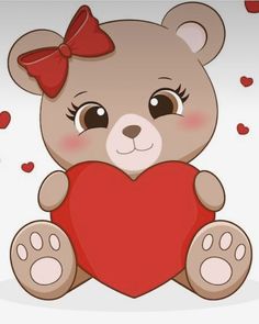 a brown teddy bear holding a red heart with hearts around it's sides and eyes