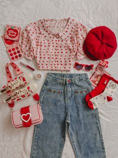 Give off vintage retro vibes in our floral blouse with bold red tulips. Match it with vintage inspired jeans with front pockets and cute embroidery. Cute Outfits With Overalls, Outfits With Overalls, Jeans With Front Pockets, Outfit Flatlay, Bunny Character, Bold Flowers, Fashion Bible, Retro Garden, Overalls Outfit