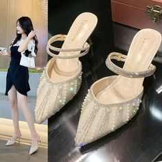 Women Fashion Sandals Summer Pointed Toe Pearl Slip On Slider High Heel Shoes | eBay Pearl High Heels, Mens Sandals Fashion, Wedding Shoes Bride, Beige Heels, High Heels Sandals, Elegant Shoes, Shoes Summer, Flip Flop Shoes, Fashion Sandals