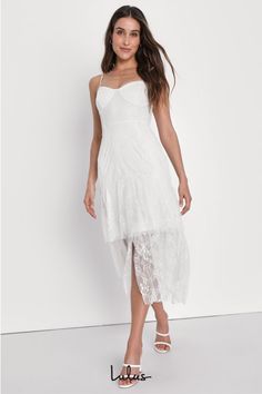 No matter the occasion, you'll always be dressed to the nines with the Lulus Elaborate Love White Lace Bustier Tiered High-Low Maxi Dress! This romantic dress is composed of sheer floral lace (atop a matching knit liner) that shapes a bustier-inspired bodice with seamed cups and a sweetheart neckline, supported by adjustable spaghetti straps. The fitted waist tops a figure-skimming, tiered skirt that falls to a subtle high-low hem. Hidden back zipper/clasp. Fit: This garment fits true to size. L Flirty Lace Dress With Sweetheart Neckline, Lace Dress With Sweetheart Neckline For Date Night, Flirty Fitted Lace Dress With Sweetheart Neckline, Flirty Lace Dress With Sweetheart Neckline And Lace Trim, Flirty Lace Dress With Sweetheart Neckline For Date Night, Flirty Lace Corset Dress With Sweetheart Neckline, Elegant Lace Dress With Sweetheart Neckline For Date Night, Midi Dress With Lace And Sweetheart Neckline, Feminine Sweetheart Neckline Corset Dress With Lace Bodice