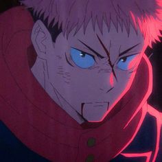 an anime character with blue eyes wearing a red coat and looking at the camera while standing in front of a black background