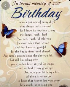 a birthday card with two blue butterflies on the front and bottom, in loving memory of your