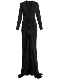 black stretch-design plunging V-neck gathered detailing long sleeves front slit straight hem Tom Ford Dress, Long Sleeve Dress Black, Lace Turtleneck, City Dress, Black Long Sleeve Dress, Long Sleeve Turtleneck, Pink Maxi Dress, Black Stretch, Long Sleeve Maxi Dress