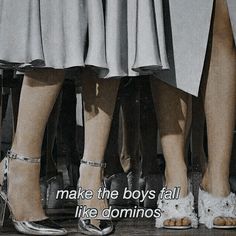 two women in high heels standing next to each other with the words make the boys fall like dominos