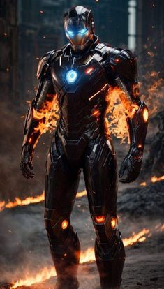 iron man standing in front of some fire