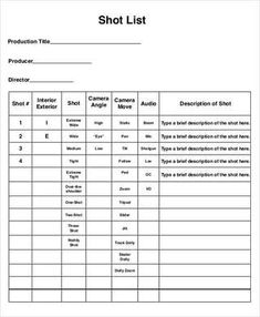 a sample shot list for photographers to use in the camera shop or video production studio