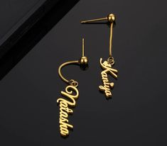 "--------------------------------------------- PRODUCT INFORMATION --------------------------------------------- * A unique name earring is special for yourself. * perfect for pairing with any outfit, * offer a wonderful way to show off your unique personality. * Material is stainless steel,18K gold/rose gold plated. --------------------------------------------- HOW TO ORDER ---------------------------------------------   From drop-down menu  *  Please select your preferred color (Silver, Gold o Personalized Yellow Gold Dangle Earrings, Elegant Personalized Name Earrings, Personalized Gold Dangle Earrings, Elegant Customized Silver Earrings, Elegant Customized Earrings For Anniversary, Custom Name Dangle Earrings, Personalized Gold Earrings For Gift, Elegant Customizable Earrings For Personalized Gift, Customizable Gold Earrings For Mother's Day