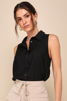 Breezy Finesse Black Collared Button-Front Tank Top Black Sleeveless Top Outfit, Sleeveless Top Outfit, Collared Tank Top, Bodice Dress, Fashion Mistakes, Lightweight Tops, Style Mistakes, Outfit Inspo Fall, Chic Woman