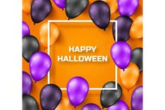 a square frame surrounded by balloons with the words happy halloween written on it in front of an orange background