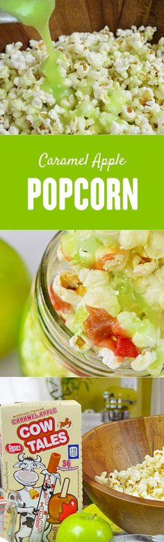 some food that is sitting on top of a table and in front of the words caramel apple popcorn