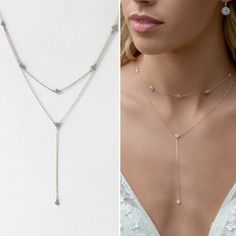 Sterling Silver Jewelry, Long Necklace, Sparkly Choker, Layered Necklace Silver, Wedding Jewelry for Brides, Silver Choker Necklace ► Spend $200 | Receive 10% OFF Your Order with Code: 10OFF200 ► Please note in your order when your wedding date is The impressive sparkle and contemporary style of this choker and lariat combo will have you feeling like a modern beauty at your next special occasion. Sparkly cubic zirconia crystals adorn this delicate chain making it a simple yet statement-worthy pi Lariat Bridal Necklace For Party, Silver Lariat Backdrop Necklace For Party, Adjustable Delicate Backdrop Necklace For Party, Silver Wedding Clavicle Chain Layered Necklace, Dainty Lariat Backdrop Necklace For Party, Silver Layered Clavicle Chain Necklace For Wedding, Silver Layered Necklace For Wedding, Elegant Crystal Lariat Necklace With Clavicle Chain, Wedding Clavicle Chain Long Necklace