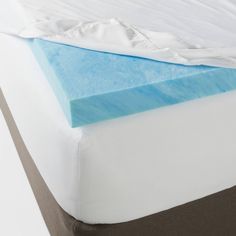 an image of a mattress topper with blue and white sheets on the bottom layer