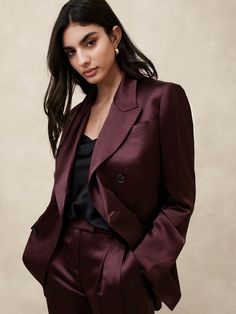 Isa Italian Satin Blazer | Banana Republic Suits For Wedding, Burgundy Blazer, Church Suits, Women's Suits, Satin Blazer, Guest Attire, Wedding Attire Guest, Peak Lapel, Formal Business