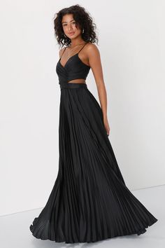 Black Maxi Dress - Pleated Maxi Dress - Black Cutout Dress - Lulus Black Cutout Dress, Cutout Maxi Dress, Dress Pleated, Formal Dresses Gowns, Pleated Maxi Skirt, Adhesive Bra, Surplice Neckline, Silver Zipper, Pleated Maxi Dress