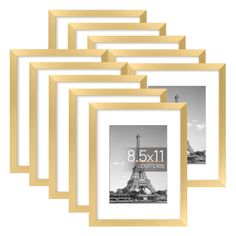 six gold frames with the eiffel tower in black and white