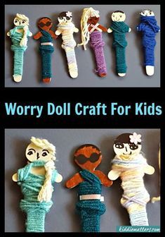 several different types of knitted dolls with words worry doll craft for kids on them