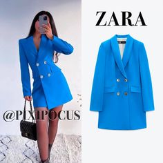 Zara Double Breasted Long Blazer Xs Brand New, With Tags !! Fitted Long Sleeve Blazer With A Lapel Collar And Shoulder Pads. Front Flap Pockets. Front Double-Breasted Fastening With Golden Buttons. Color: Bluish ( Vibrant Blue ) 2218/642 Outer Shell 95% Polyester + 5% Elastane ( Has Some Stretch) Lining 100% Acetate Approx. Measurements Xs: 16" Pit To Pit 14" Across Waist 30" Length Xs - # Su - L Blue Buttoned Summer Outerwear, Trendy Blue Formal Outerwear, Blue Summer Blazer With Long Sleeves, Trendy Blue Long Sleeve Blazer, Blue Long Sleeve Summer Blazer, Summer Blue Blazer, Elegant Blue Blazer Dress For Fall, Blue Blazer With Buttons, Zara Light Blue Blazer For Spring