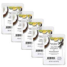 five pack of mashed coconut soaps with lemon slices on the front and back