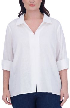 Cut from a breathable and lightweight linen blend, this three-quarter sleeve top feels like a dream in the sunnier seasons. 28 1/2" center-back length (size 2X) V-neck Three-quarter sleeves 55% linen, 45% viscose Machine wash, tumble dry Imported White Linen Tops With 3/4 Sleeve, Linen Tops With 3/4 Sleeves For Daywear, Elegant Beach Tops With 3/4 Sleeves, 3/4 Sleeve Linen Tops For Beach, Beach Linen Top With 3/4 Sleeves, Beach Linen Tops With 3/4 Sleeves, Linen Tops With 3/4 Sleeves For Beach, Three Quarter Sleeve Tops, Three Quarter Sleeves