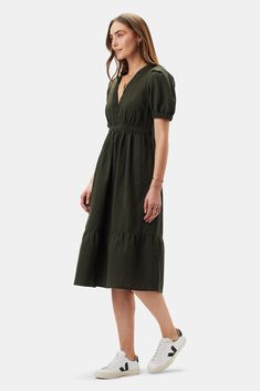 Danielle Cotton Linen Dress - Olive Green Solid V-neck Midi Dress With Smocked Back, V-neck Midi Dress With Gathered Waist For Day Out, V-neck Dress With Smocked Back For Day Out, Elegant Mid-length Dress With Gathered Waist, V-neck Midi Dress With Pockets For Daywear, V-neck Midi Dress With Pleated Waist For Brunch, V-neck Dress With Gathered Waist For Day Out, V-neck Workwear Dresses With Pockets, V-neck Dress With Pleated Waist For Date Night