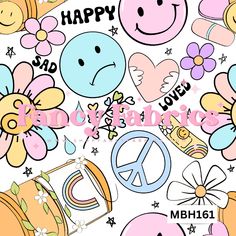 a bunch of cartoon characters with flowers and peace signs on them, all in different colors