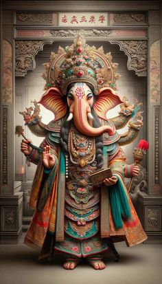 an elephant statue is standing in the middle of a room with ornate decorations on it