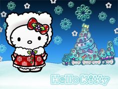 hello kitty is standing in the snow next to a christmas tree and presents on it