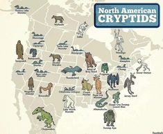 an illustrated map of the north american cryptids, with all their names